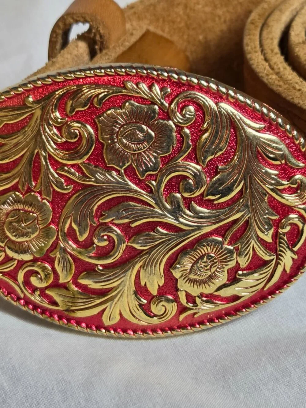Vintage Suede Leather Belt Tooled Floral Tan Red Gold Western Buckle Unisex 36